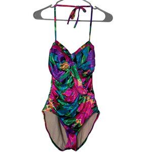 SlimSuit Vintage Floral Ruched One Piece Swimsuit Halter Tie Retro Shaping 10